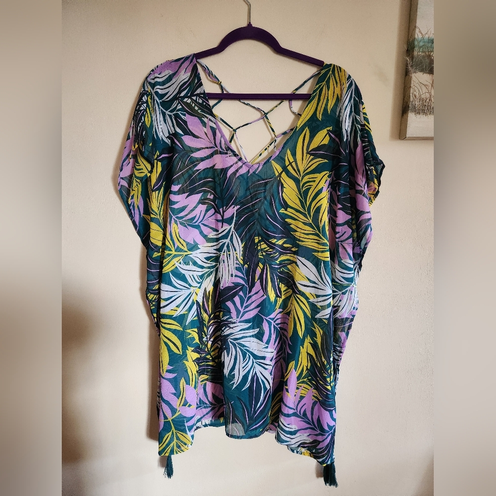 NWT Tropical print leaf swimsuit coverup dress green yellow purple XS/Small